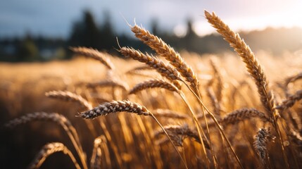 Fototapeta premium Golden wheat field swaying in the wind during a vibrant sunset, showing agriculture and natural beauty. Blow