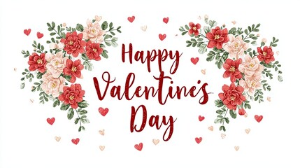 Happy Valentines Day floral greeting card with red and pink flowers romantic holiday background design