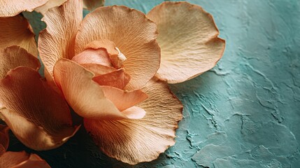 Delicate dried rose petals on textured teal background, close-up