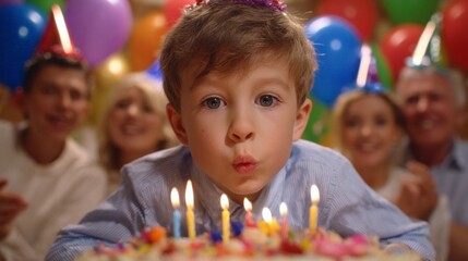 Young boy blowing out birthday candles on a colorful cake, celebrating with family during a birthday party. Blow