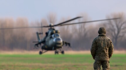 Obraz premium Helicopter military soldier in camouflage uniform standing on field, watching military helicopter arriving for transport or combat mission