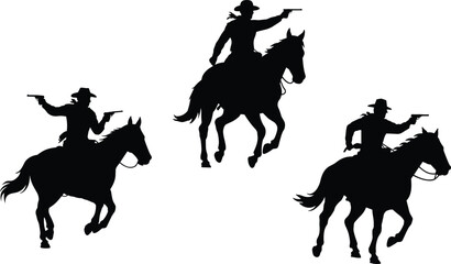 Cowboy silhouette vector, horseback pistol icons, wild west action clipart, frontier rider design, western illustration, cad drawing flat vector illustration