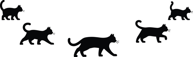 Cat silhouette vector, walking feline icons, black animal clipart, pet design elements, motion illustration, cad drawing flat vector illustration