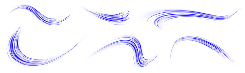 Blurred blue streaks from fast traffic png. Neon speed lines glow with dynamic motion trails. Night perspective with glowing trail, electric dynamic overlay on transparent layer. 