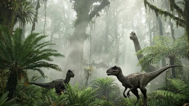 Dinosaurs including a brachiosaurus, a raptor, and a pterosaur inhabiting a dense, misty prehistoric jungle with lush green plants, ancient trees, and creeping vines