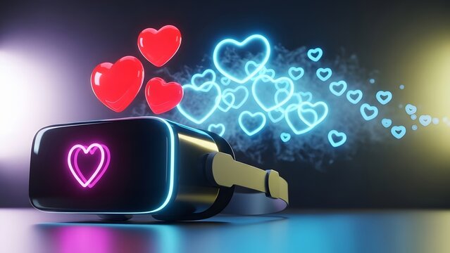 Virtual reality headset with glowing hearts symbolizing digital love and connection - Powered by Adobe
