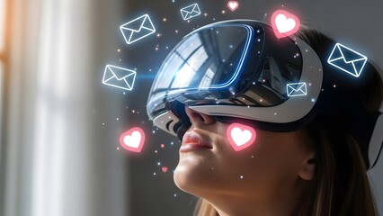 Woman wearing virtual reality headset with digital email icons floating around her head