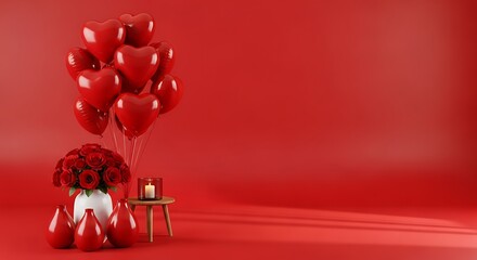 A romantic scene featuring a collection of glossy red heart-shaped balloons floating and clustered against a smooth red background, copy space