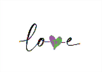 Handwritten 'Love' Script with Pink and Green Heart. 8 bit. Game development, mobile app. Isolated vector illustration.