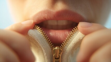 Close-up of a person's lips as they unzip a warm, creamy-colored hoodie, creating a sense of intimacy and allure.