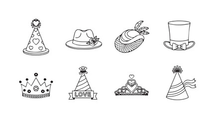 Collection of various party hats and crowns in a hand drawn silhouette style