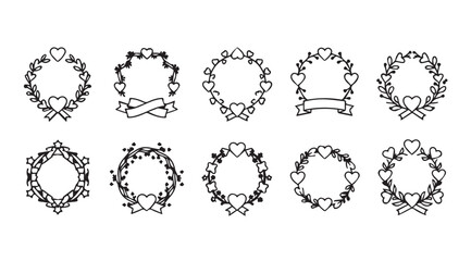 Obraz premium Collection of ten decorative oval frames with floral and heart elements silhouette
