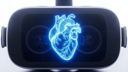 Virtual reality headset displays glowing anatomical heart hologram