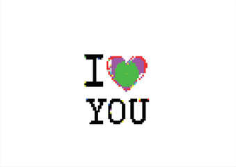 Pixelated 'I Love You' Message. 8 bit. Game development, mobile app. Isolated vector illustration.