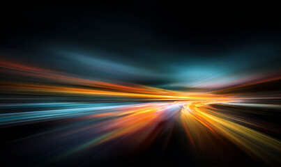 Obraz premium Transparent neon speed line with luminous curves. Abstract light trails illustrate high speed movement energy. Futuristic cityscape, speed digital cyberspace. Vector illustration. 