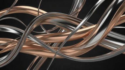 Abstract Metallic Intertwined Ribbons Background. Elegant Silver and Copper Flowing Curves.