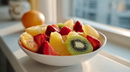 A fresh assortment of colorful fruits in a white bowl, featuring strawberries, kiwis, oranges, and sliced lemons bathed in soft sunlight.