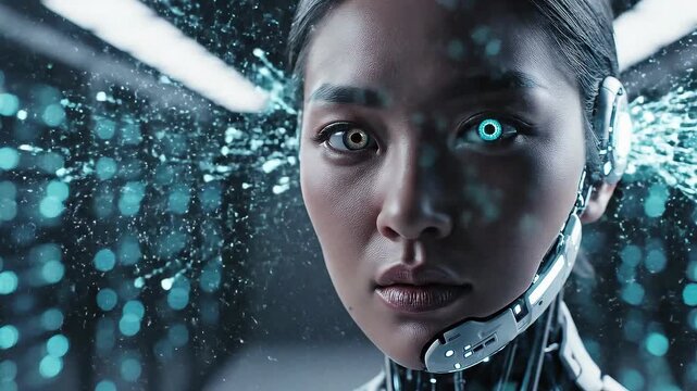 Futuristic Cyborg Woman with Glowing Bionic Ear and Eye