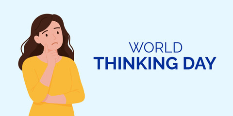 Woman thinking pose illustrating reflective mood for World Thinking Day message, mindful atmosphere highlighting World Thinking Day awareness and promoting global connection.