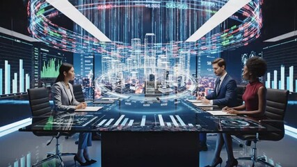 Business professionals collaborate around a futuristic holographic city data display in a hightech boardroom analyzing global market trends and financial performance metrics