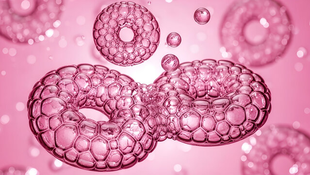 Abstract pink cellular division or budding process, organic molecules or micro-organisms in fluid
