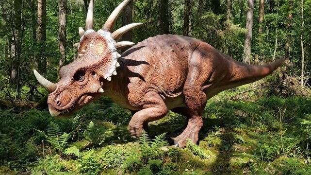 Styracosaurus model on a mossy forest floor browsing green leaves among ferns and trees, blending realistic ceratopsian detail into a natural outdoor museum exhibit setting