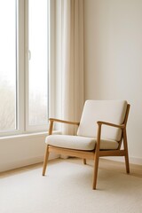 scandinavian wooden chair near large window in bright neutral interior with soft natural light