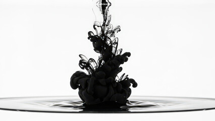 Abstract black ink spreading in clear water, creating organic shapes. Dynamic liquid art against a white background, symbolizing fluidity and mystery.