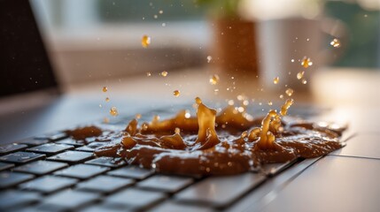 A close-up view of spilled coffee splashing onto a laptop keyboard, creating a chaotic yet artistic scene in a bright workspace.
