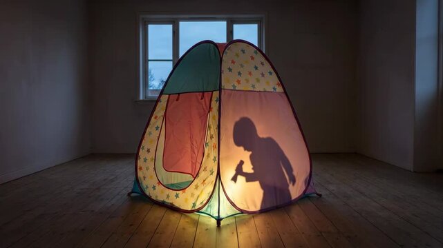 Young child creating a shadow with a flashlight on the wall of a colorful play tent, enjoying imaginative playtime indoors in a room with a wooden floor