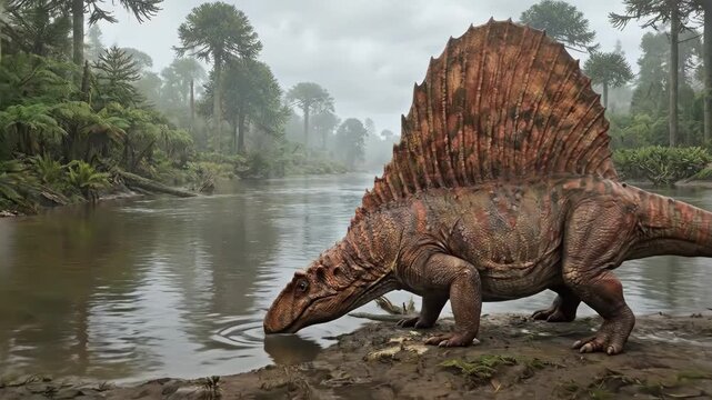 Dimetrodon drinking at a muddy permian riverbank in a lush jungle, misty primeval landscape showing detailed synapsid anatomy, flora and prehistoric ecosystem