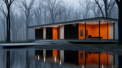 Modern house reflecting in a lake at dusk in a foggy forest