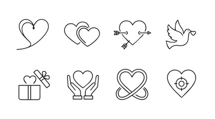 Collection of eight hand drawn heart and love symbols silhouette