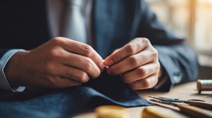 A man meticulously sewing a fabric, showcasing his craftsmanship and attention to detail in a well-lit workspace.