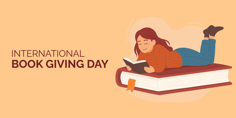 Woman reading on giant book illustration celebrates International Book Giving Day spirit, cozy learning vibe highlighting International Book Giving Day message and love for reading.