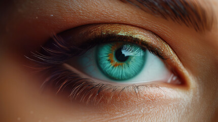 Fototapeta premium Macro shot of a vibrant turquoise human eye with detailed iris patterns, sharp lashes and textured skin highlighting vision