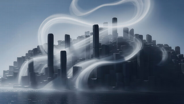 Abstract fantasy landscape with mystical rock pillars, flowing light, and serene misty water under a blue sky, creating an ethereal and mysterious atmosphere. - Powered by Adobe