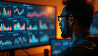 Man analyzes financial charts on multiple monitors. He is focused and works late at his home office. The data displays show trends and statistics on screens in dim light.