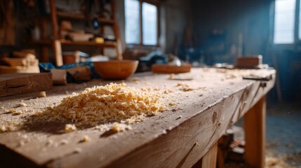 A sunlit woodworking shop with shavings scattered on a rustic workbench, showcasing the artistry of craftsmanship.