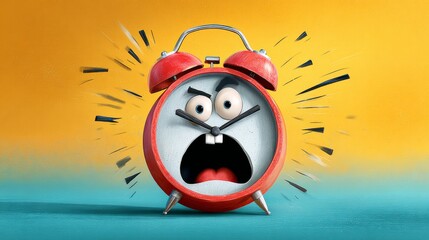 Cartoon alarm clock character with an angry expression, featuring exaggerated facial features, vibrant colors, and a dynamic background, symbolizing urgency and time management concepts