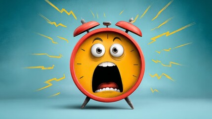 Cartoon alarm clock with a surprised face, emitting sound waves, set against a vibrant blue background, illustrating urgency and the concept of time management in a playful manner
