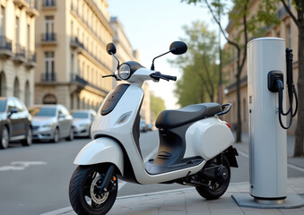 White electric scooter waits at outdoor charging station on urban street. Modern transport vehicle parked beside charger post. Eco-friendly commute, city mobility.