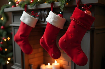 Red Christmas stockings hanging on decorated fireplace