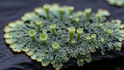 Intricate macro view of green cup lichen (Cladonia) adorned with clear water droplets, highlighting natural beauty and unique textures.