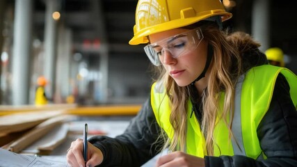 This is a video of a woman in safety gear reviewing blueprints. She is at a construction site during the day. She wears a hard hat, safety glasses and bright vest while marking on the building plans