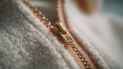 Close-up of a gold zipper on a textured fabric, showcasing fine craftsmanship and attention to detail.