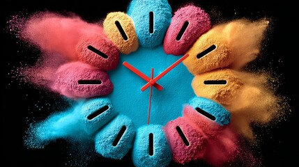 Colorful powder explosion forming a clock face with vibrant hues of pink, blue, orange, and yellow, showcasing the concept of time and creativity in a dynamic visual representation