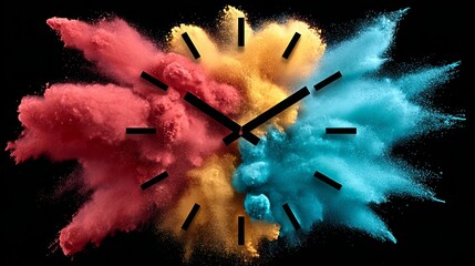 Colorful explosion of red and blue powder creating a clock face, symbolizing the passage of time, with vibrant hues contrasting against a dark background, showcasing creativity and energy