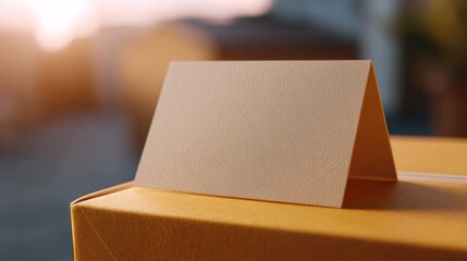 A blank, textured card sits atop a delivery box, illuminated by warm sunset light, creating a calm and inviting atmosphere.