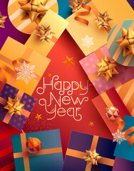 Happy New Years poster design. Red christmas tree made of gift boxes, ribbon, and christmas decoration with calligraphic congratulatory inscription.